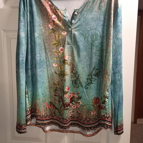 SHEIN Tops - SHEIN Teal and Pink Floral Long Sleeve Top